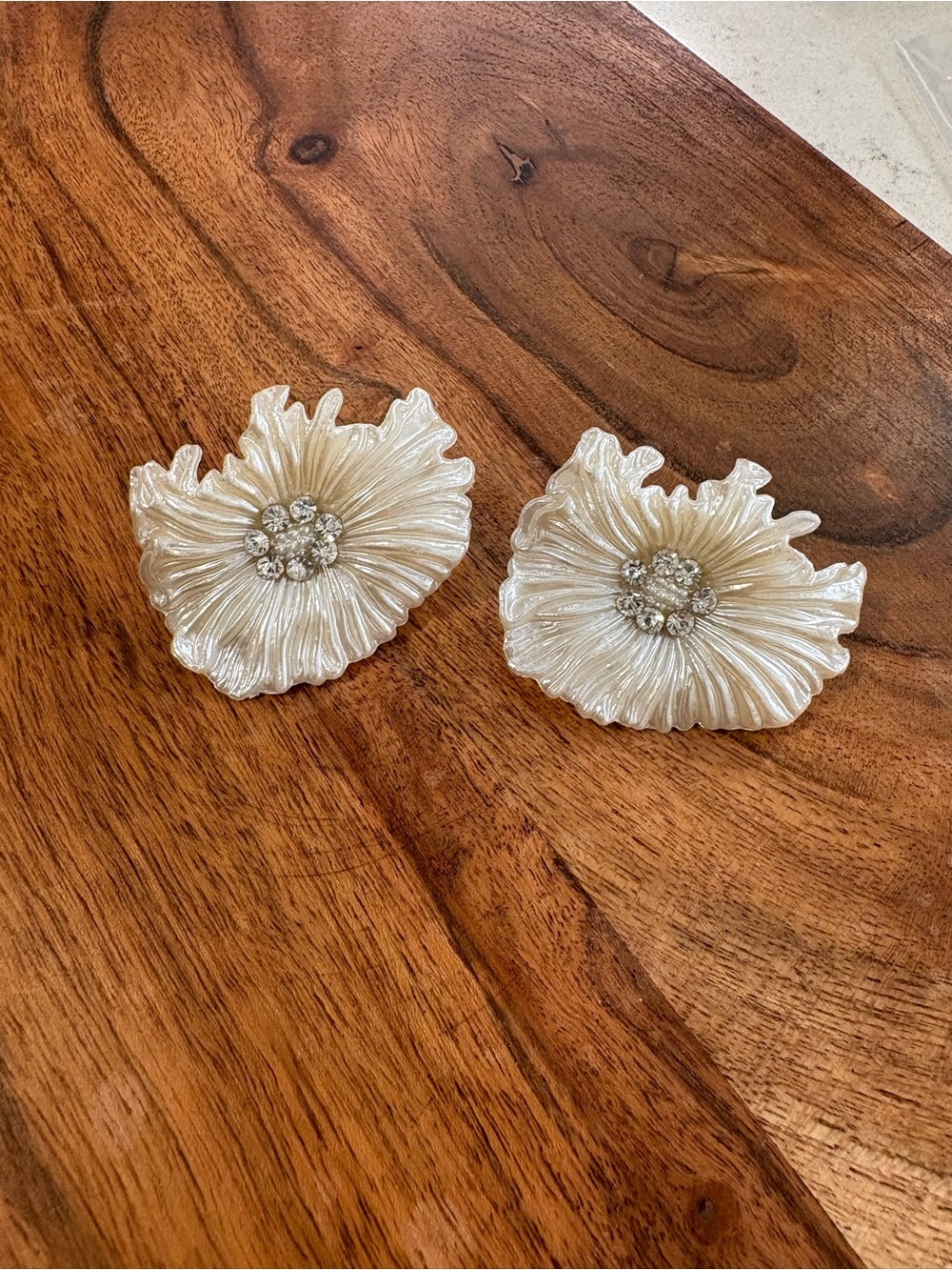 Vintage Pearl Floral Statement Clip-On Earrings with Clear Stone Centers